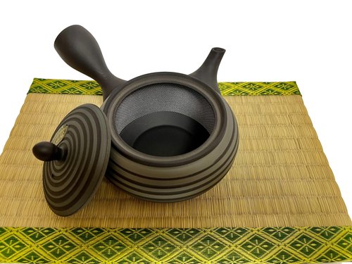 Japanese Kyusu tokoname Clay Teapot 9.8 fl.oz. Two-tone Embossed Line Pattern Horyu from Japan (247j539)