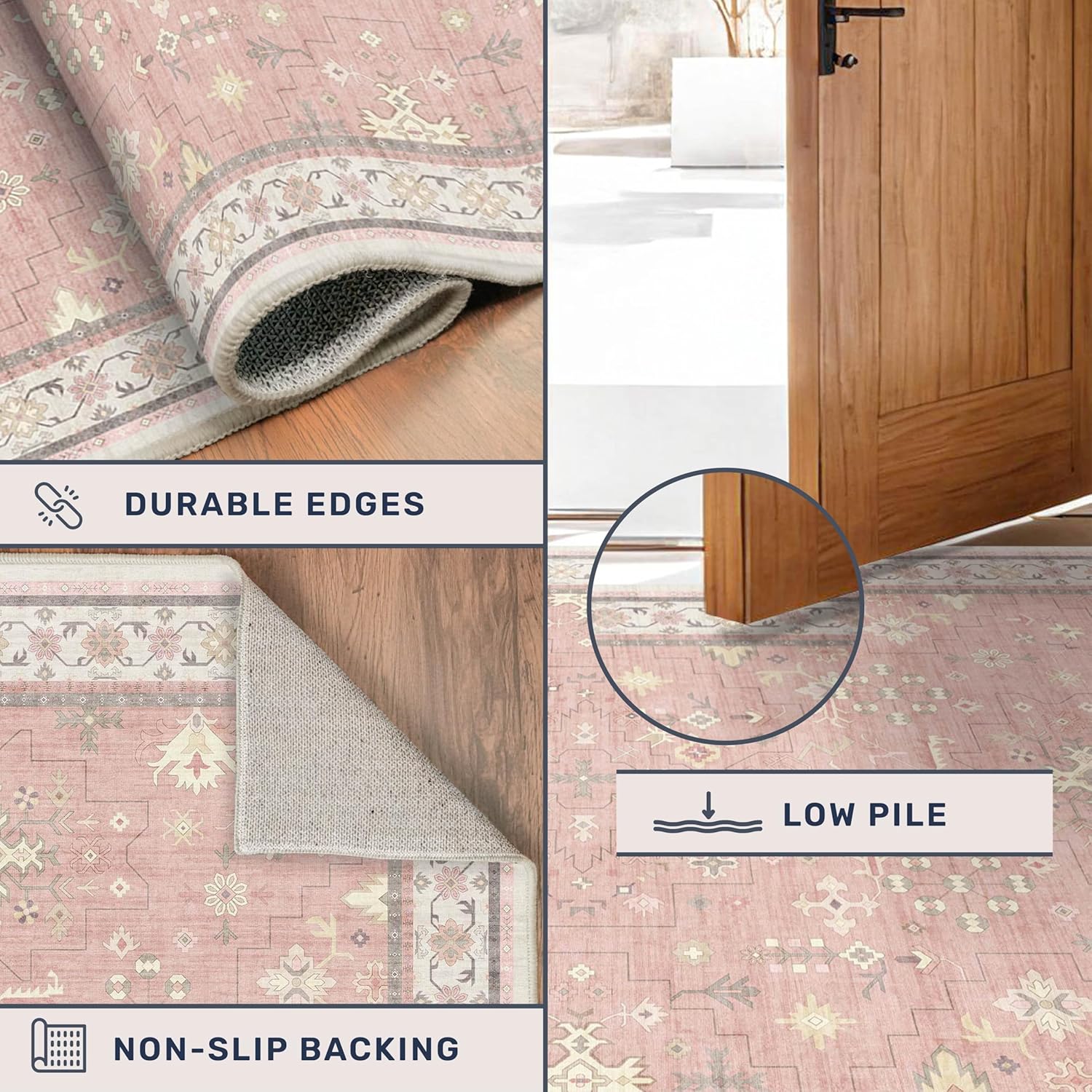 Skiennix Blush Pink Girls Rug - Floral Nursery Area Rug 5x7, Machine Washable Non-Slip Play Mat