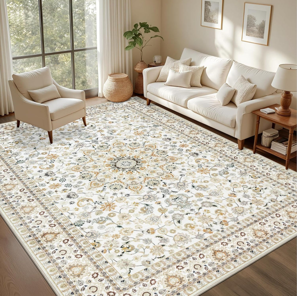 Skiennix 5x7 Area Rug - Washable Vintage Boho Design | Soft, Stain-Resistant Carpet for Living Room, Bedroom, and Office - Beige