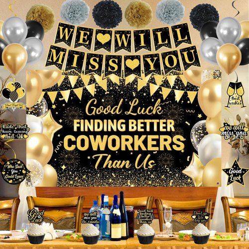 DARUNAXY Black Gold Coworker Farewell Decorations, Good Luck Finding Better Coworkers Than Us Banner We Will Miss You Decor Hanging Swirls Cake Topper for Going Away Goodbye Leaving Party Supplies