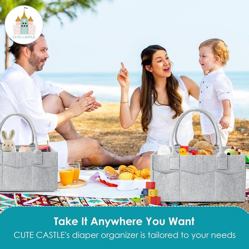 Cute Castle Diaper Caddy Organizer - Portable Nursery Storage Bin with Handle for Boys & Girls - Grey
