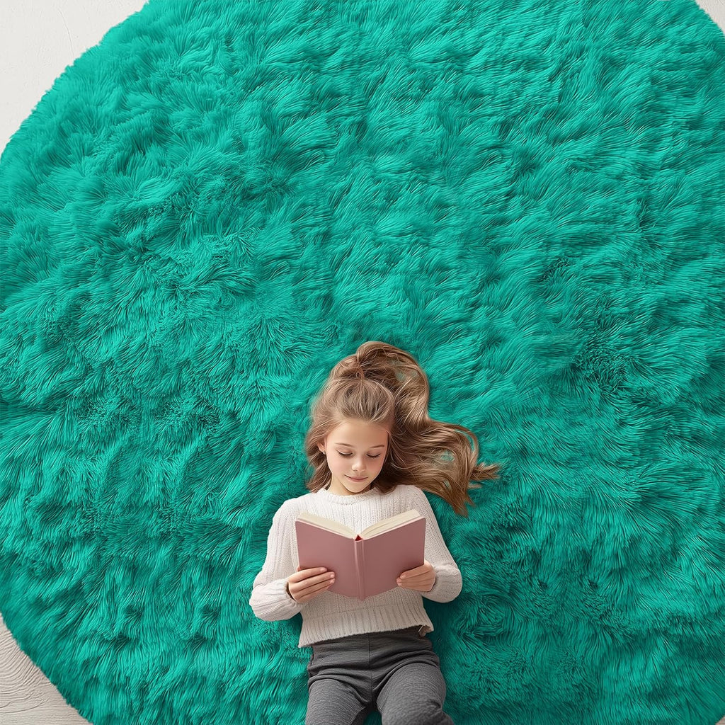 OLANLY Teal Green Round Rug - Soft, Fluffy Shaggy Carpet | 9 ft Machine Washable Area Rug for Bedroom & Living Room Decor