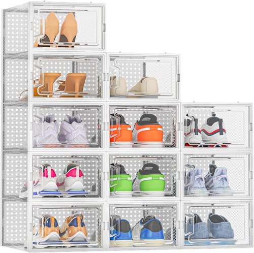 HOMIDEC Shoe Organizer - 12 Pack Clear Plastic Stackable Storage Boxes with Lids for Size 10 Shoes