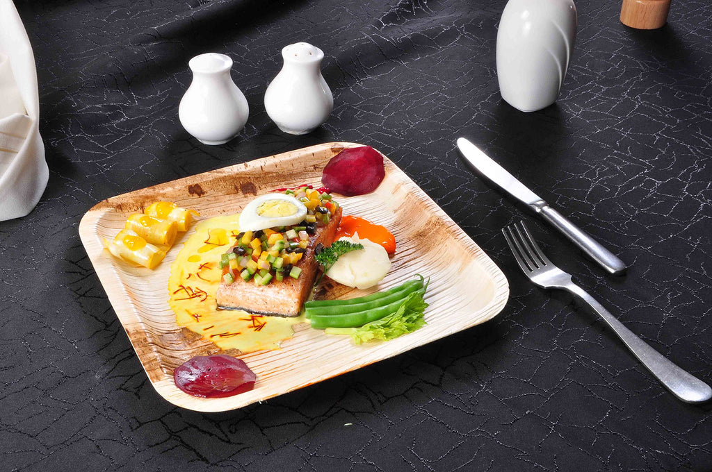 Atmos Green 100 pack 10" Square Palm Leaf Dinner Plate Compostable disposable premium heavy duty Eco-Friendly Microwave Refrigeration safe Bamboo like Wedding Events Party