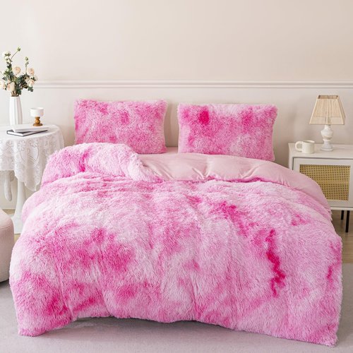 RYNGHIPY Plush Shaggy Bedding Set for Kids Girls Faux Fur Fluffy Velvet Duvet Cover Set Pink Tie Dye Gilrs Bed Set Furry and Soft (Tie Dye Pink,Twin)
