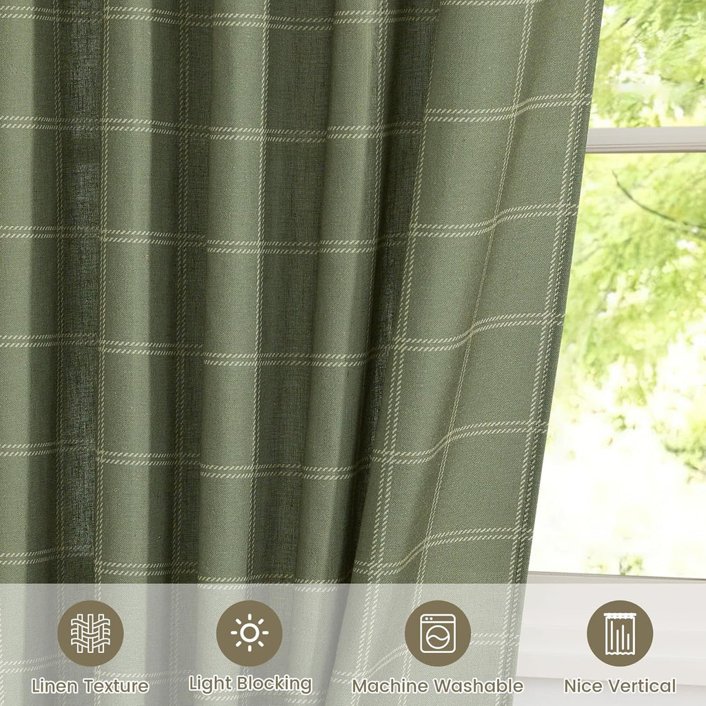 NICETOWN Linen Plaid Curtains - Moss Green Check Tartan Light Filtering Window Panels | 52" x 84" (2 Panels)