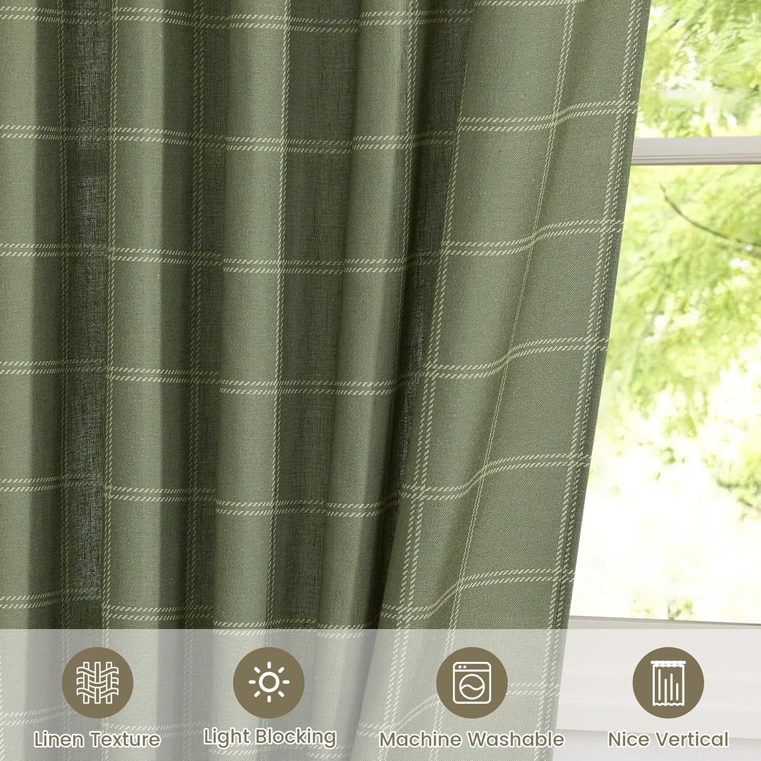 NICETOWN Linen Plaid Curtains - Moss Green Check Tartan Light Filtering Window Panels | 52" x 84" (2 Panels)