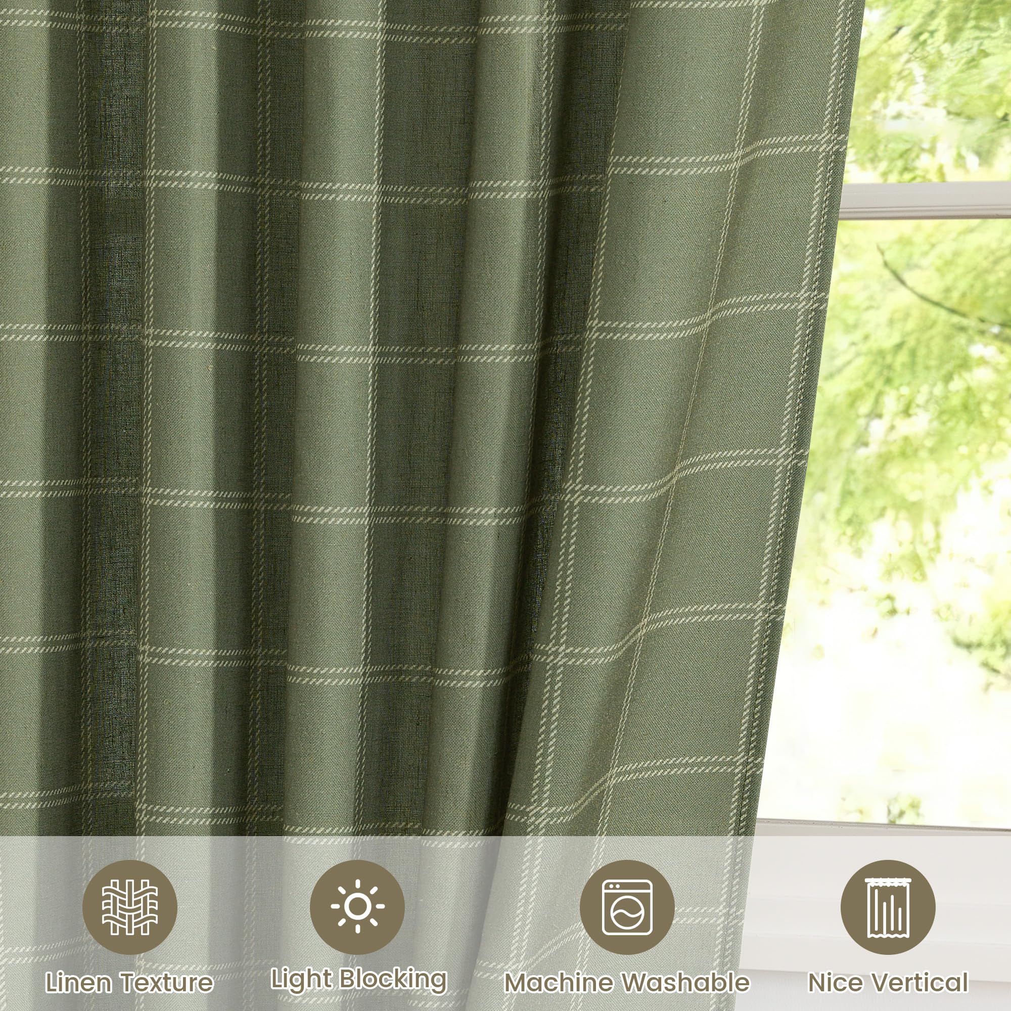 NICETOWN Linen Plaid Curtains Gingham Window Panels Moss Green Check Tartan Light Filtering Curtains for Living Room Bedroom, Rod Pocket Back Tab, 2 Panels, 52 inch Wide x 84 inch Long