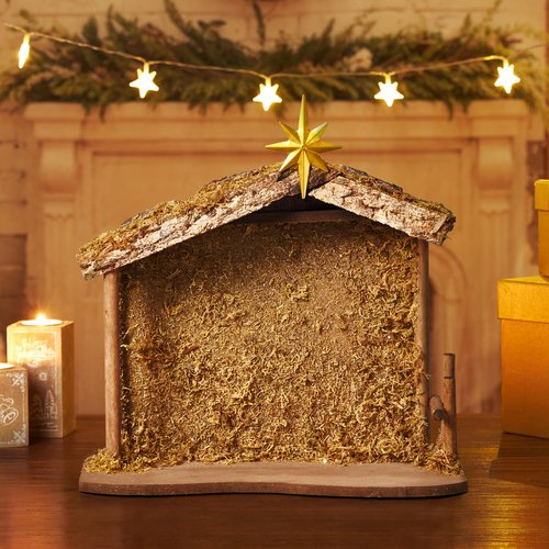 BESBLEE Wooden Nativity Stable 13.8''×11.8'' with Bethlehem Star, Fits 7-8'' Holy Family, Christmas Indoor Creche Home Desk Decor, No Figures