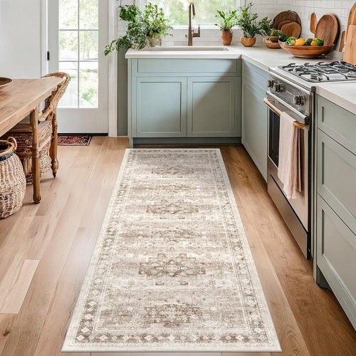 Hazo Haus Boho Bathroom Runner Rug - Washable Non-Slip 24 x 72 Soft Stain-Resistant Design | Neutral Floral Beige/Latte