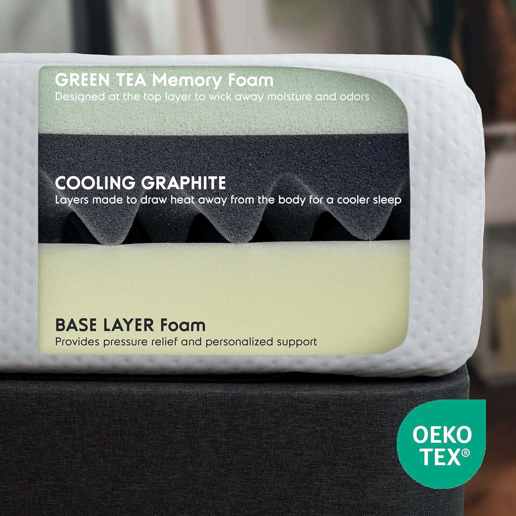 Nestl Green Tea Twin Mattress - 8 Inch Cooling Graphite Memory Foam for Kids | Fiberglass-Free Support