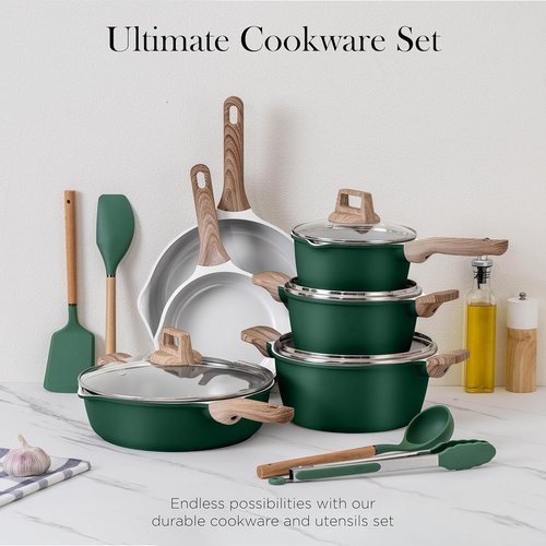 Country Kitchen Nonstick Pots and Pans Set - 14-Piece Cast Aluminum Cookware Set in Sage with Utensils