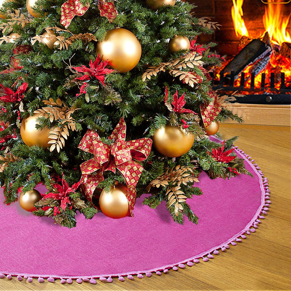 SevenFish Christmas Tree Skirt, 48 inches Large Tree Skirt Soft Double Layer Burlap Tree Skirt with Pom Pom for 6ft 8ft Christmas Tree Holiday Party Decorations, Rose Pink