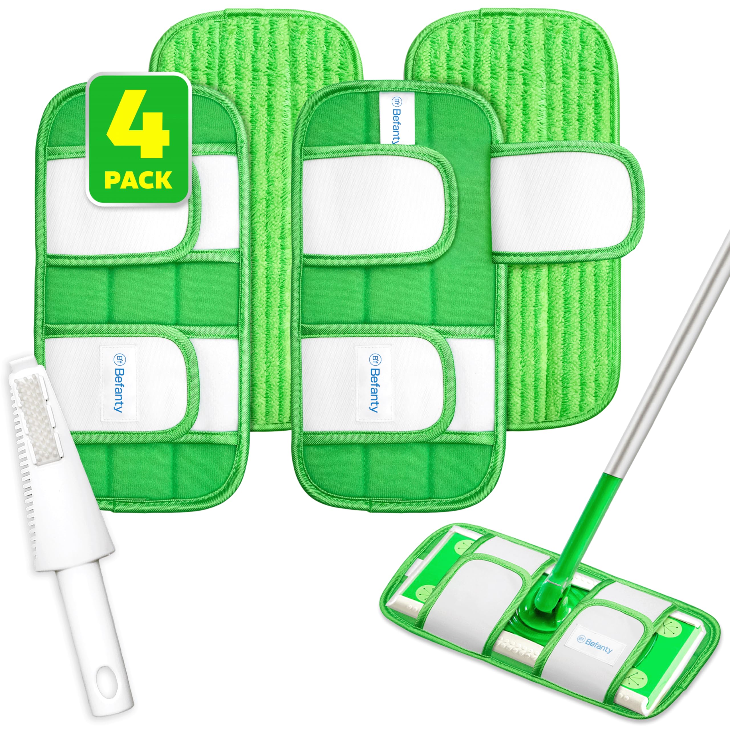 Befanty 4 Pack Reusable Microfiber Mop Pads, Compatible with Swiffer Sweeper, Machine Washable Cloths, Scraper Included, Refills for All Floor Cleaning, Hook and Loop, Wet Dry - 10"- 12"