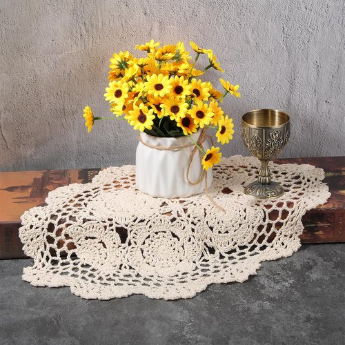 2PCS Crochet Lace Doilies for Tables, Cotton Handmade Oval Placemats, Beige Floral Lace Doilies for Furniture, End Tables, Bedrooms, Dining Room(11.81×17.72in)