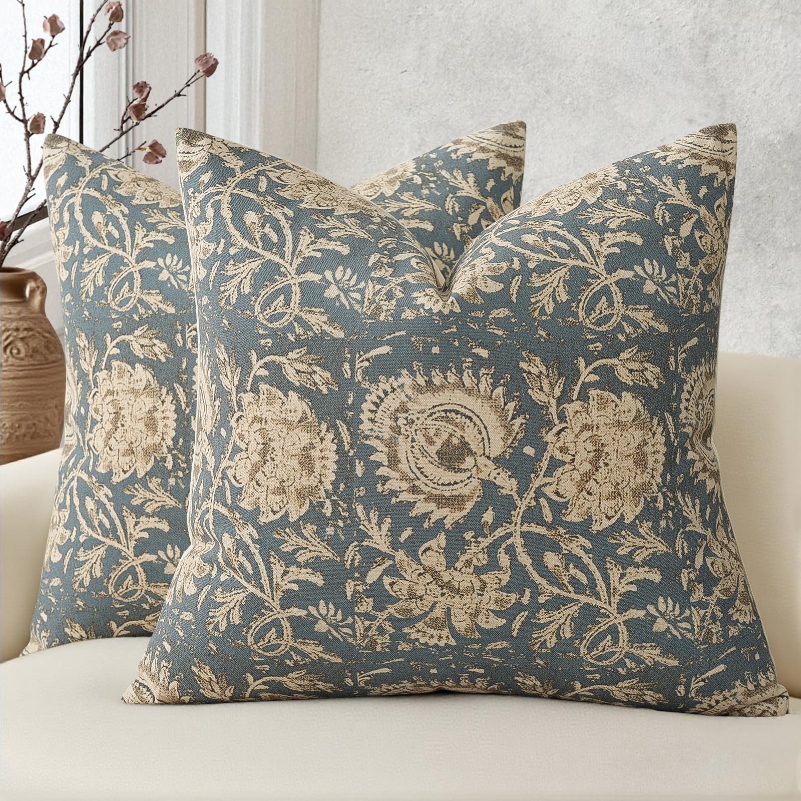DKwizme Vintage Floral Print Throw Pillow Covers 18x18 Set of 2 Neutral Modern Farmhouse Pillowcase Accent Decorative Cushion Covers Boho Home Decor for Couch Sofa Chair Bed Living Room, Dusty Blue