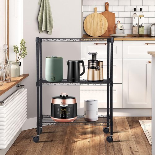 BestOffice 3-Tier Wire Storage Shelves - Adjustable Heavy-Duty Metal Racks with Wheels | 23x13x31 | Black | Holds Up to 170 lbs | No-Tool Assembly for Home & Garage