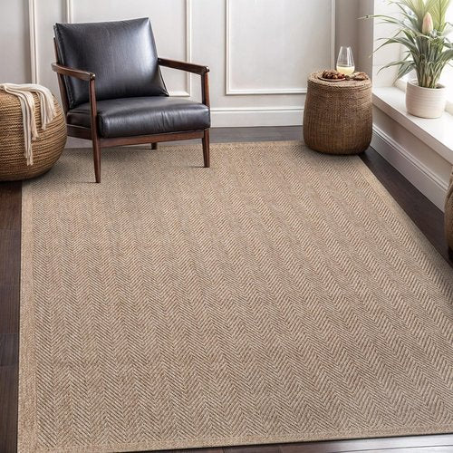 CAMILSON Easy Jute Rug 5x7, Indoor Outdoor Natural Color Fiber Area Rugs for Living Room Patio and Kitchen Rug Herringbone Seagrass Woven Design Easy-Cleaning Washable Outside Carpet Alfombras 5 x 7