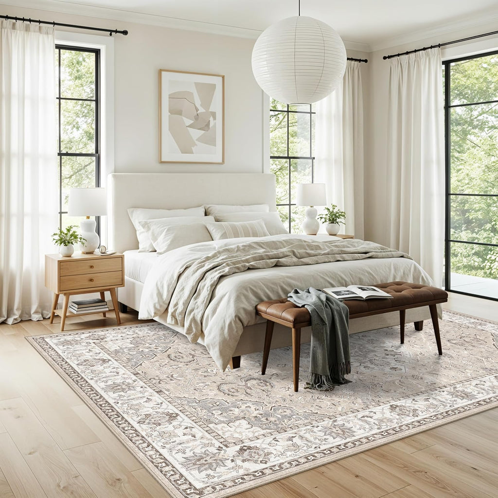 Skiennix 7x10 Area Rug - Washable Vintage Design for Living Room, Bedroom & Office | Durable Non-Slip Carpet in Beige