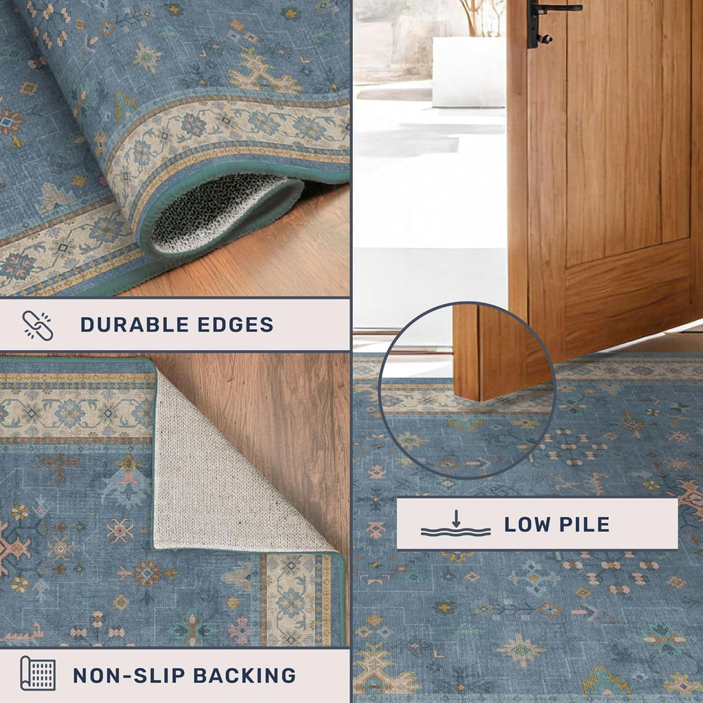 Blue Boho Runner Rug - Washable Non-Slip 2'6''x8' Hallway Rug with Colorful Floral Print