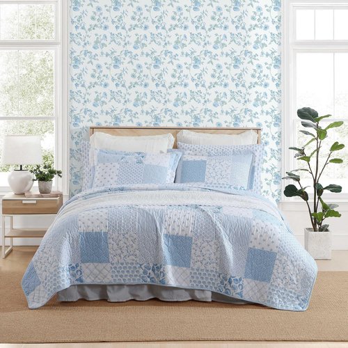 Laura Ashley - Twin Quilt Set, Reversible Premium Bedding with Matching Sham, Luxuriously Soft Home Decor (Colleens Coastal Patchwork Blue, Twin)