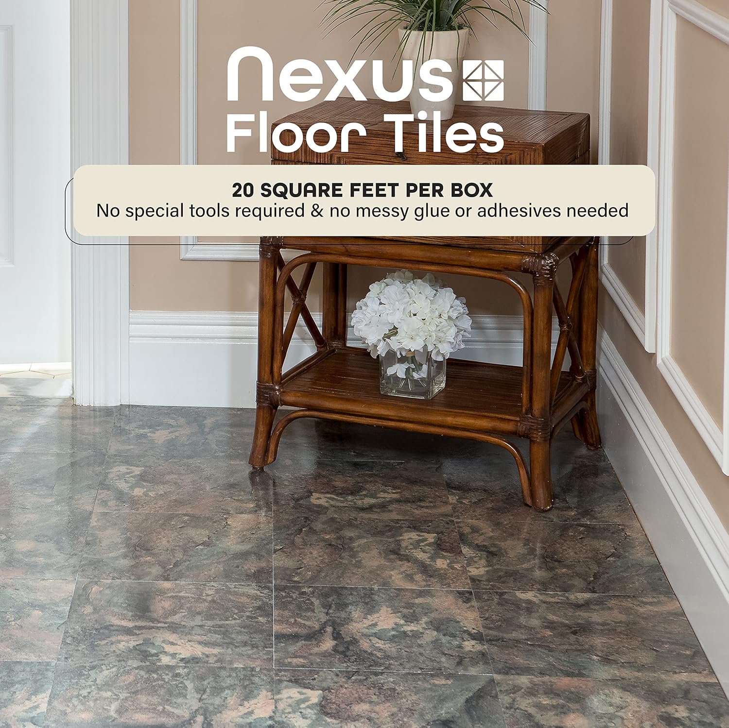 Nexus Self-Adhesive Vinyl Floor Tiles - Dark Slate Marble, 12" x 12", 20 Tiles | Easy Peel & Stick DIY Flooring