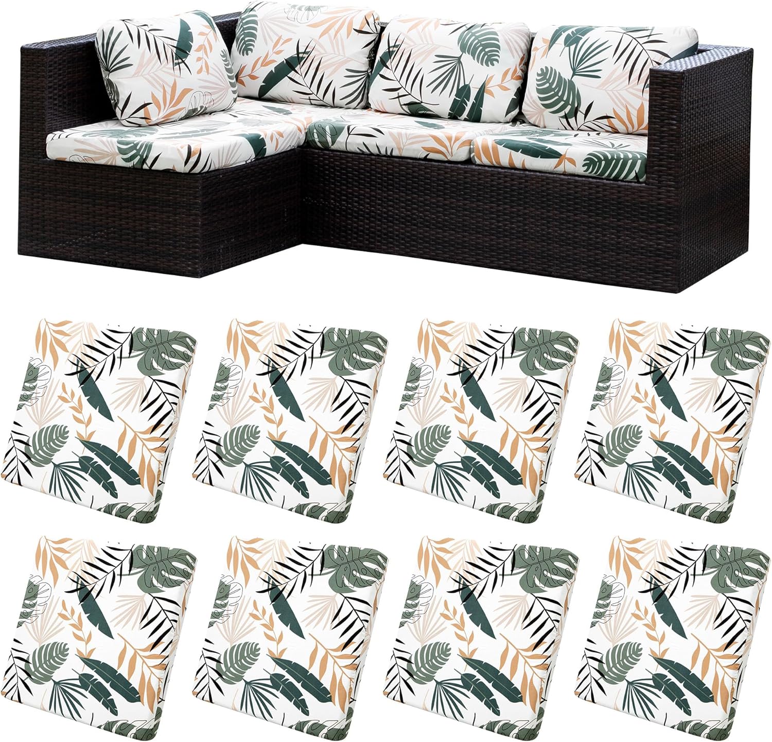 Skiennix 8Pcs Stretch Patio Cushion Covers - Washable Outdoor Sofa Slipcovers | Coconut Trees Design