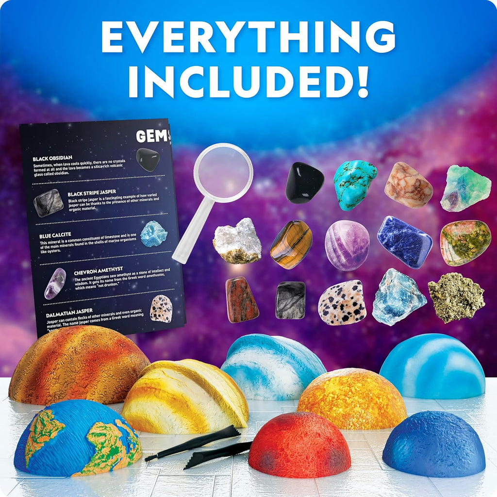 National Geographic Ultimate Space Gemstone Dig Kit - 8 Planet-Shaped Bricks with 16 Real Gemstone Specimens for Kids
