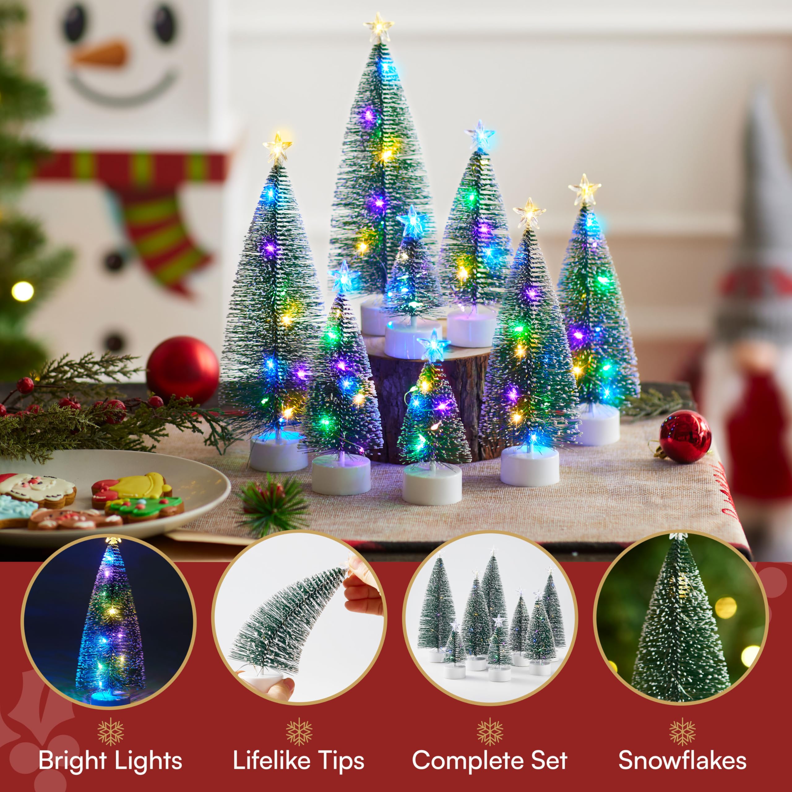 JOYIN 8 Pcs Mini Xmas Tree with LED Lights, Prelit Classic Small Christmas Decor in 4 Sizes with Star Topper, Tabletop Artificial Tree with Snow for Xmas Indoor Home Decor Holiday Festive (Green)