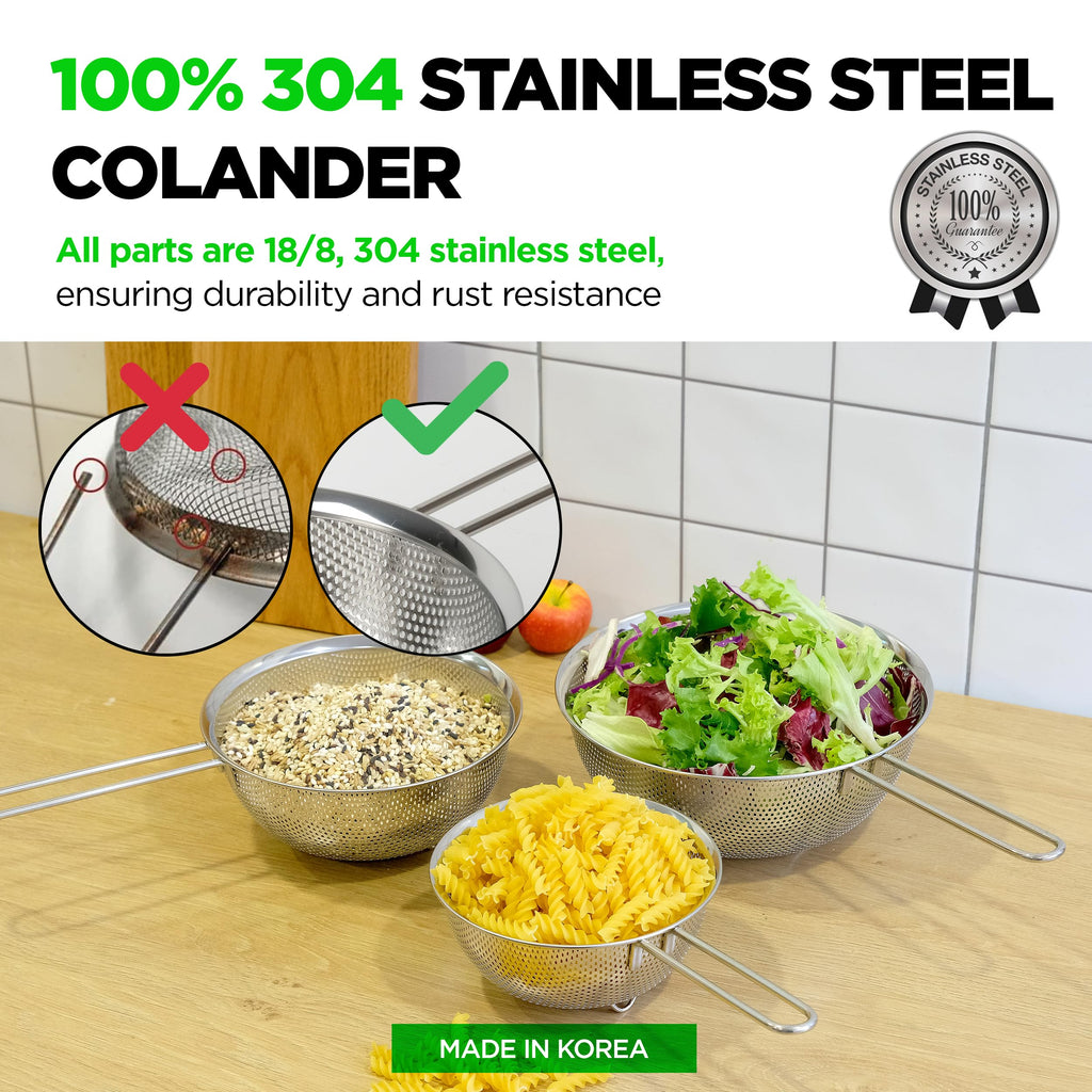 COMPORT K Premium 18/8 304 Stainless Steel Set of 3 – Micro-Perforated Strainer with Long Handle, Self-Draining Base for Pasta Rice Vegetables, 18/8 304 Heavy Duty (1.5, 2.5, 4 Qt) Made in Korea