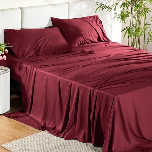 Bedsure Cooling Bed Sheets - Soft Rayon from Bamboo, Breathable & Deep Pocket Up to 16" | Luxurious Burgundy