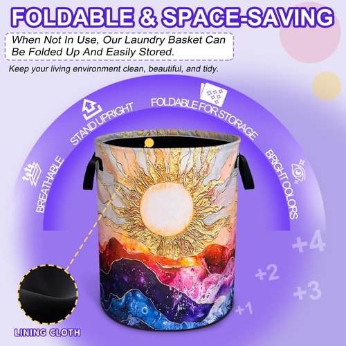 Sun Ocean Wave Laundry Basket Abstract Art Oxford Cloth Laundry Hamper Funny With Handle Foldable Portable Clothes Storage Basket 18.9 X 16.5 Storage Bag For Laundry Room/Bathroom/Bedroom/Dormitories