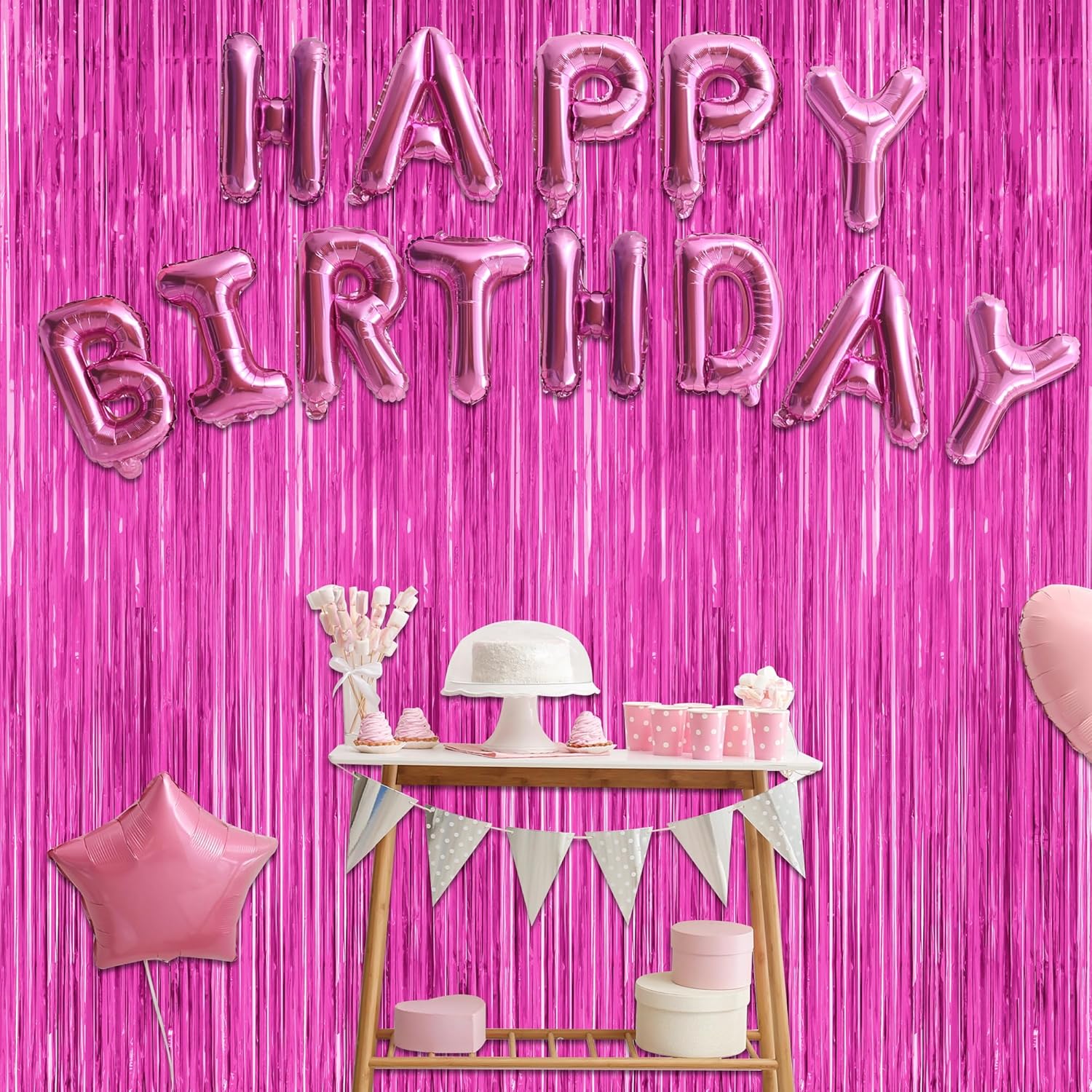 Skiennix Hot Pink Party Decorations - 3.28 FT x 7.05 FT Metallic Rose Red Backdrop & Tinsel Curtains