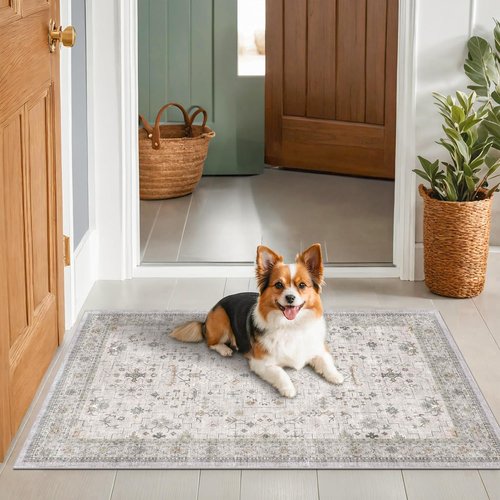 Boho Bathroom Rug by Light Grey - Large 3x5 Washable, Non-Slip Floral Design for Entryway & Bedroom