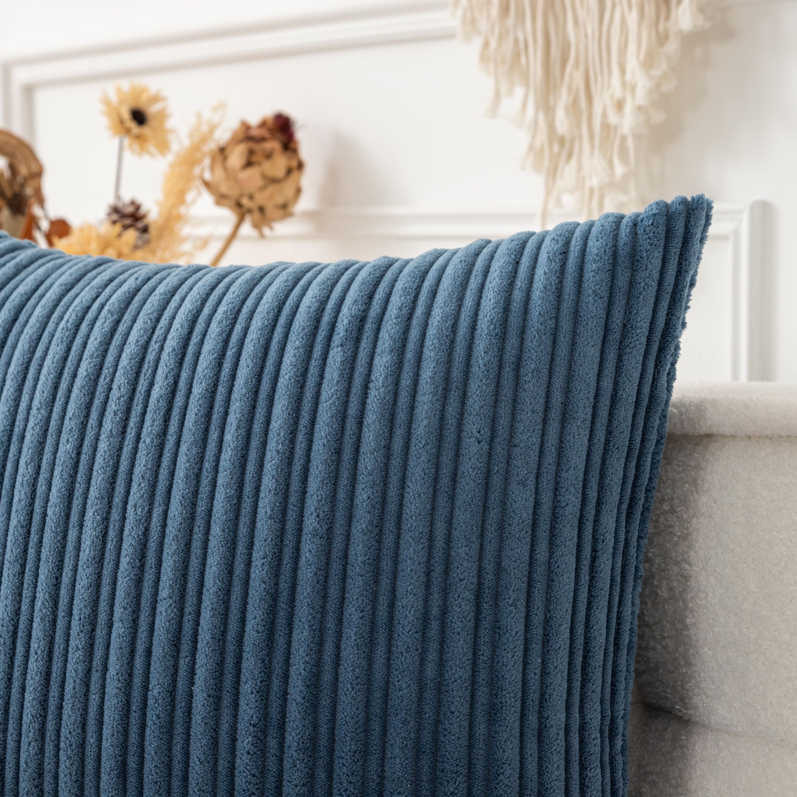 UGASA 14x24 Inch Pillow Cover Pack of 1 Soft Boho Stripe Corduroy Long Rectangular Lumbar Cushion Cover Farmhouse Decorative Throw Pillowcase for Bed, Couch, Sofa, Bedroom, Living Room, Dusty Blue