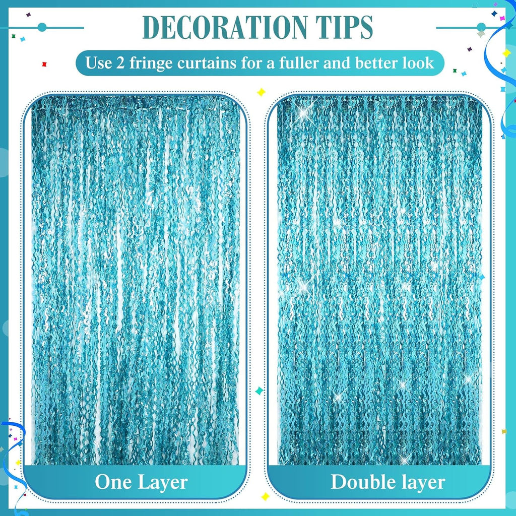 Skiennix Foil Fringe Backdrop - 10 Pieces Wavy Tinsel Curtain for New Year & Party Decor | Blue Green 3.3 x 6.6 Ft
