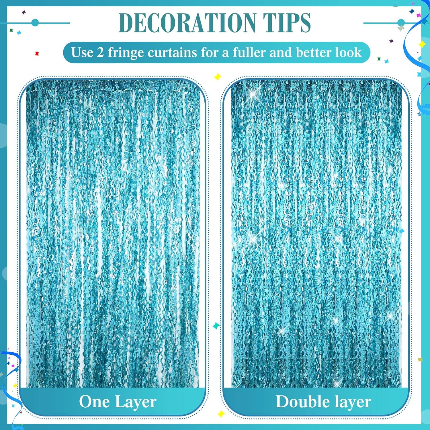 Skiennix Foil Fringe Backdrop - 10 Pieces Wavy Tinsel Curtain for New Year & Party Decor | Blue Green 3.3 x 6.6 Ft