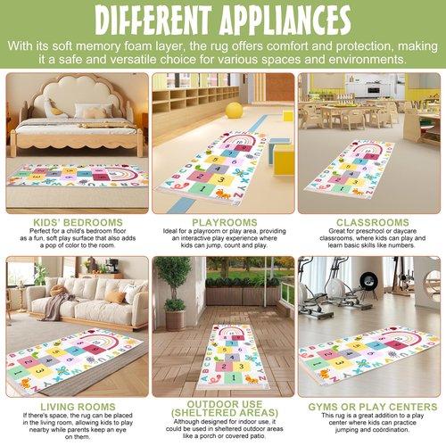 OVALLEY Kids Hopscotch Rug - Indoor, Game Mat with Numbers & Squares for Learning & Activity - Floor Runner, Number Games - Hop Scotch Rugs for Kid & Adult - Rainbow Alphabet mat for Small Classroom