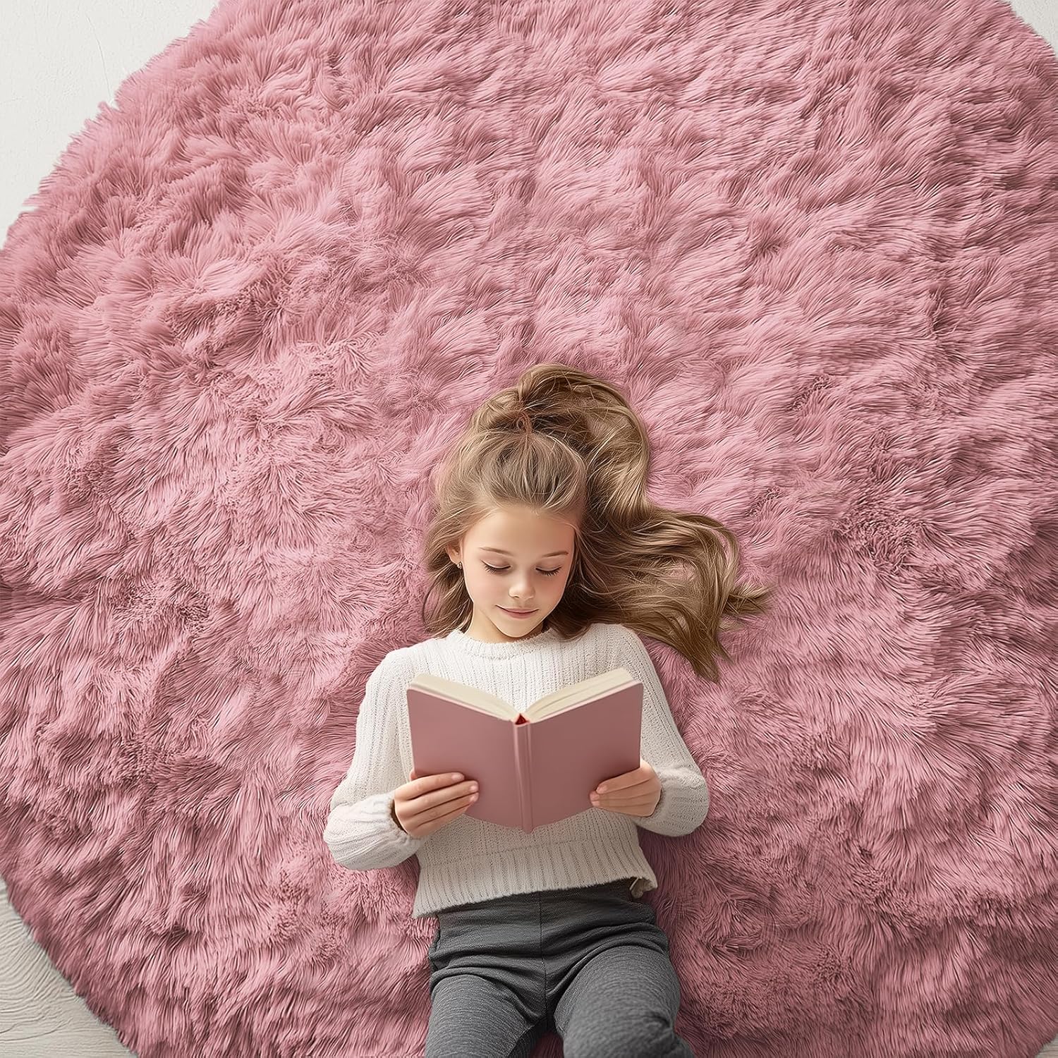 OLANLY Round Area Rug - Soft & Fluffy Pale Pink Shaggy Carpet, 6 ft Circle for Bedroom & Living Room