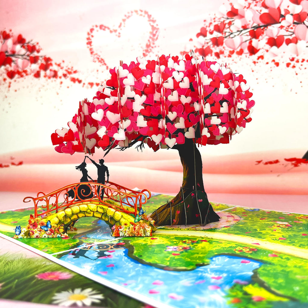 Anniversary Pop Up Card, 3D Love Tree Hearts with Couple, Wedding Anniversary Card for Wife, Husband, Couple, Love Card for Her, Him, Ideal Gift for Wedding, Anniversary, Valentines, Romantic Birthday, Mothers Day