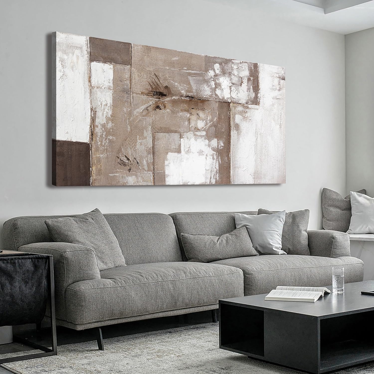 Skiennix Abstract Wall Art - Modern Canvas Decor for Living Room | Brown, Grey & White - 24x48 Inch