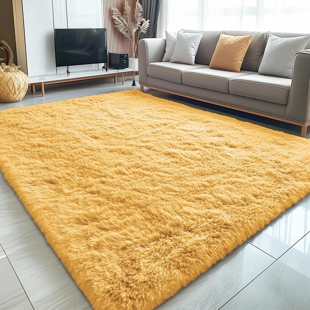 OLANLY 5x7 Large Area Rug - Soft Fluffy Shaggy Carpet for Living Room & Bedroom | Mustard Yellow