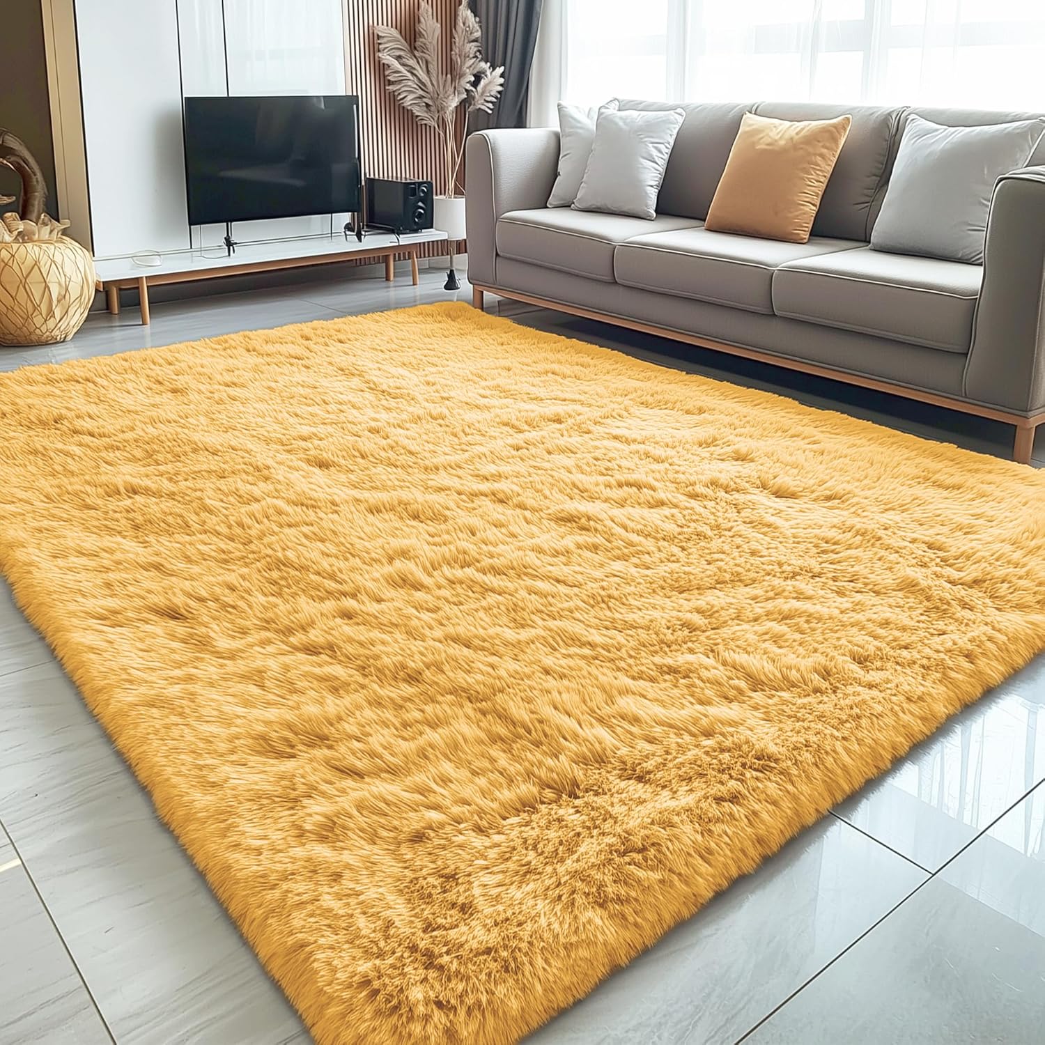 OLANLY 5x7 Large Area Rug - Soft Fluffy Shaggy Carpet for Living Room & Bedroom | Mustard Yellow