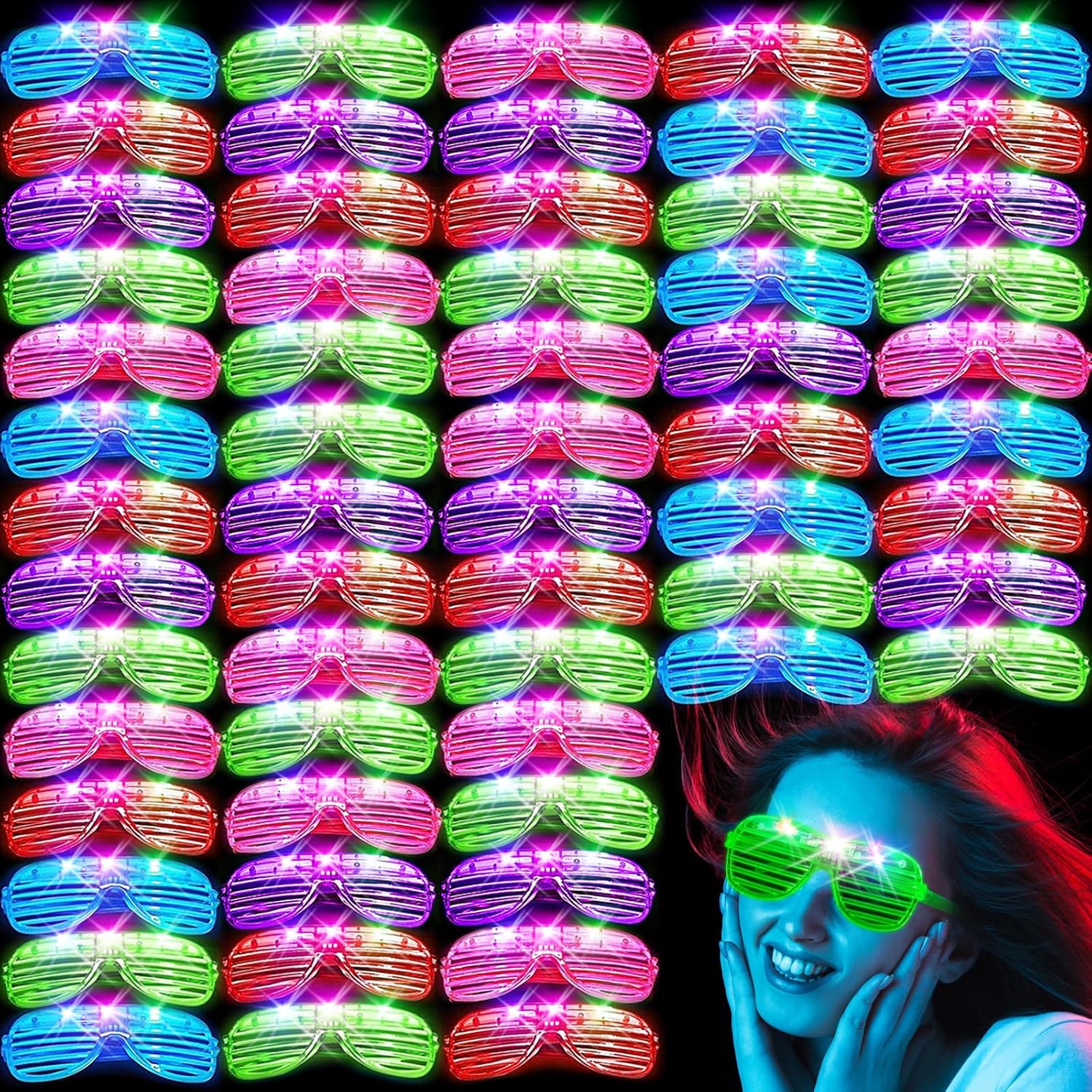 SHQDD LED Glasses - 64 Pack Light-Up Neon Sunglasses in 5 Colors | Glow in the Dark Party Accessories for All Ages