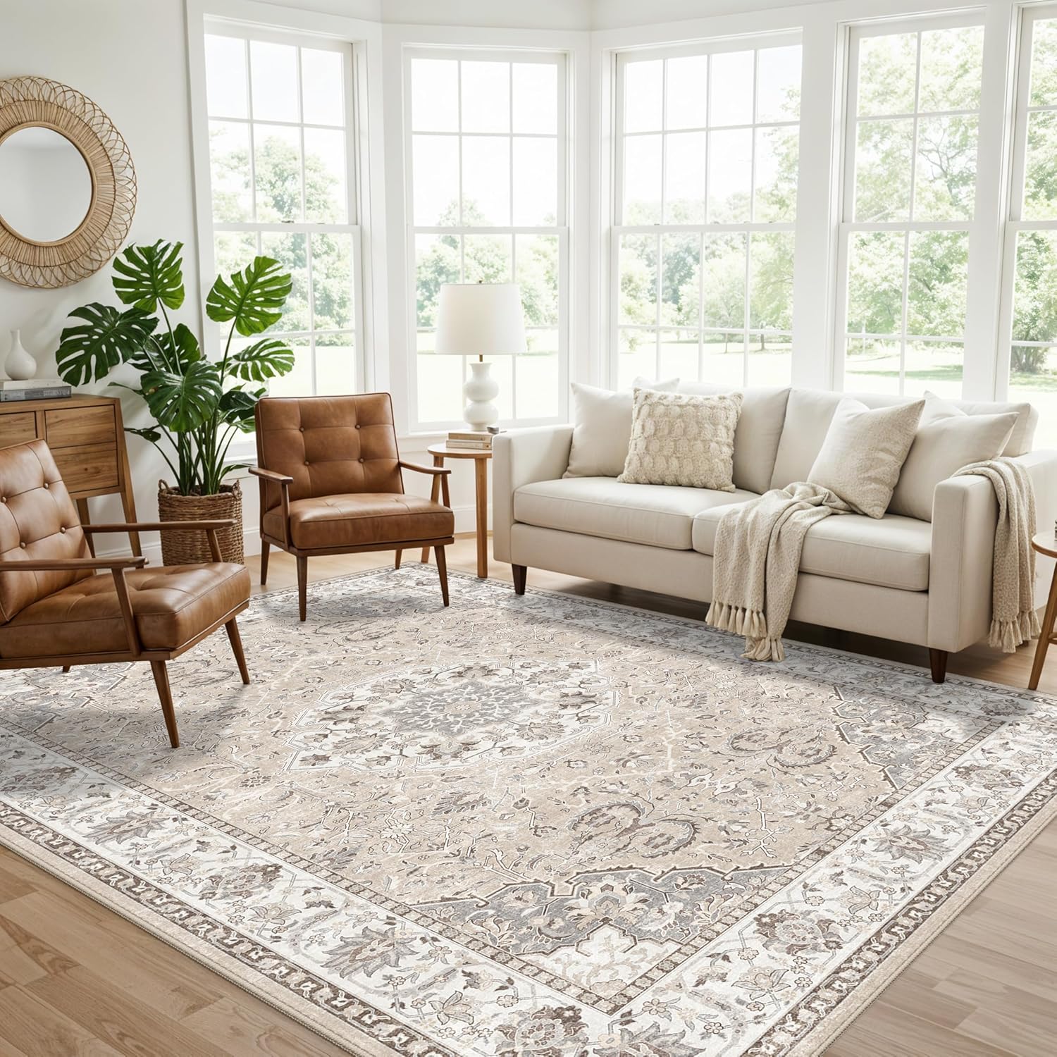 Skiennix 7x10 Area Rug - Washable Vintage Design for Living Room, Bedroom & Office | Durable Non-Slip Carpet in Beige