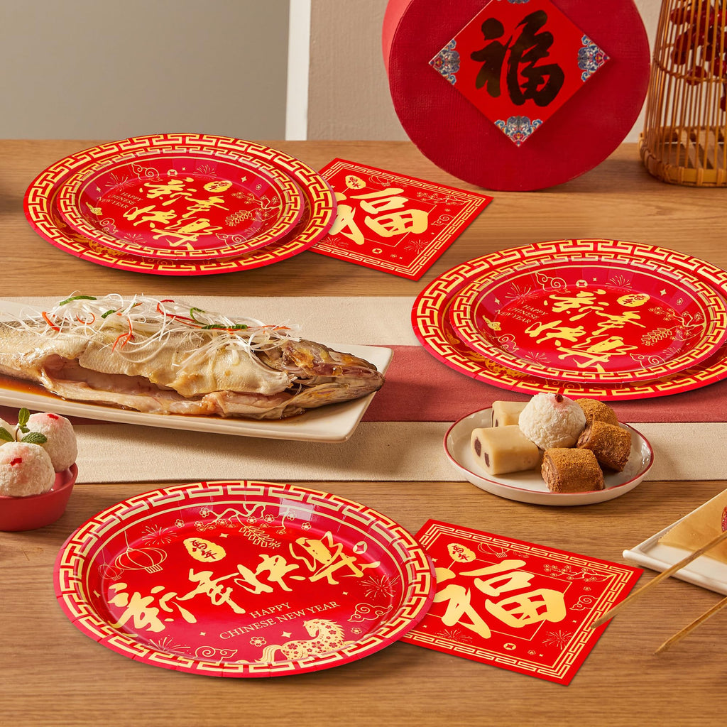 QZYL 150 PCS Lunar New Year Decorations 2026, Disposable Chinese New Year Plates and Napkins, Red Paper Plates, Serve for 50 Spring Festival Party Supplies Chinese Year of the Horse Cutlery
