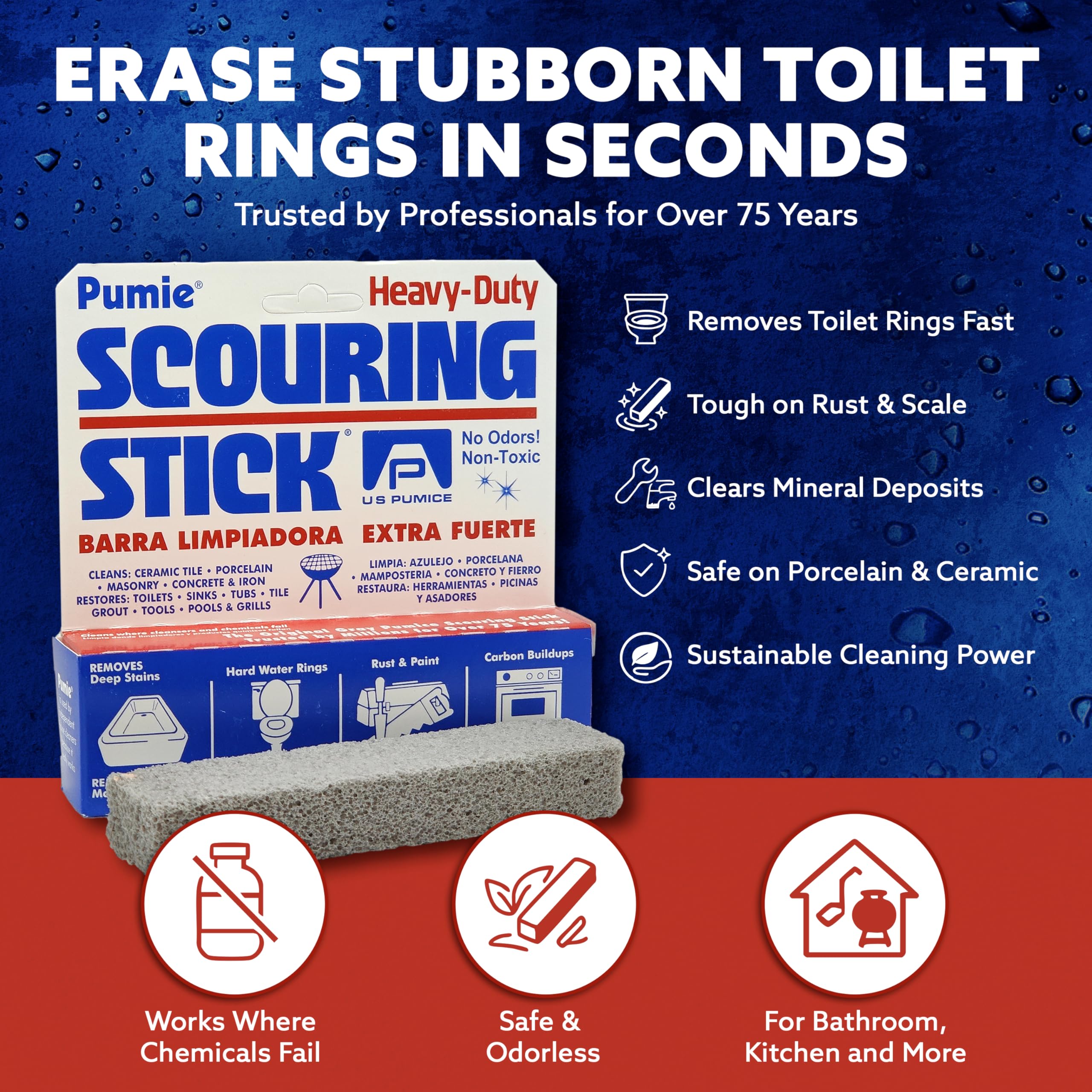 PUMIE Pumice Scouring Stick for Cleaning Toilet Bowl Rings & Hard Water Stains, Bathroom, Pools & Tubs, Pumice Stone for Toilet Cleaning, Rust, Grills, Food Build Ups, Pack of 4, includes Scouring Pad
