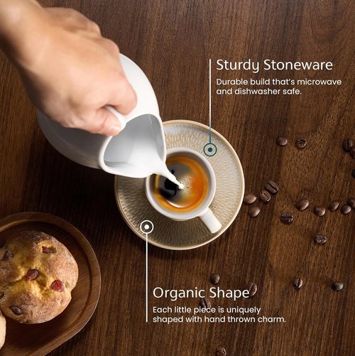 KooK Espresso Mug and Saucer Set - Rustic Ceramic Cups with Feathered Texture | Dishwasher Safe, 2.7 oz, Set of 4
