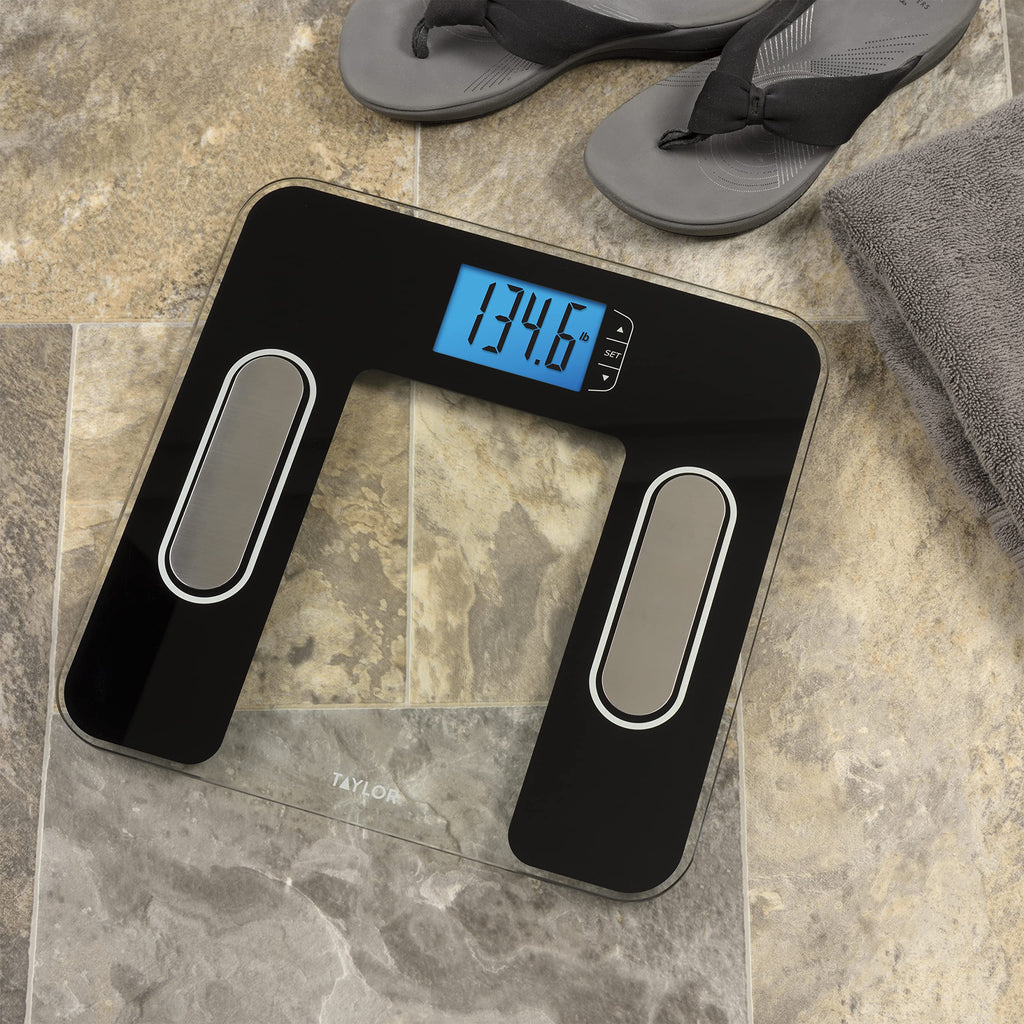 Taylor Digital Glass Body Composition Scale, Bathroom Scale for Body Weight, Measures Body Fat, Body Water, Muscle Mass and BMI, 10-User Recognition, FSA HSA Eligible, 400 lb Capacity, White and Black