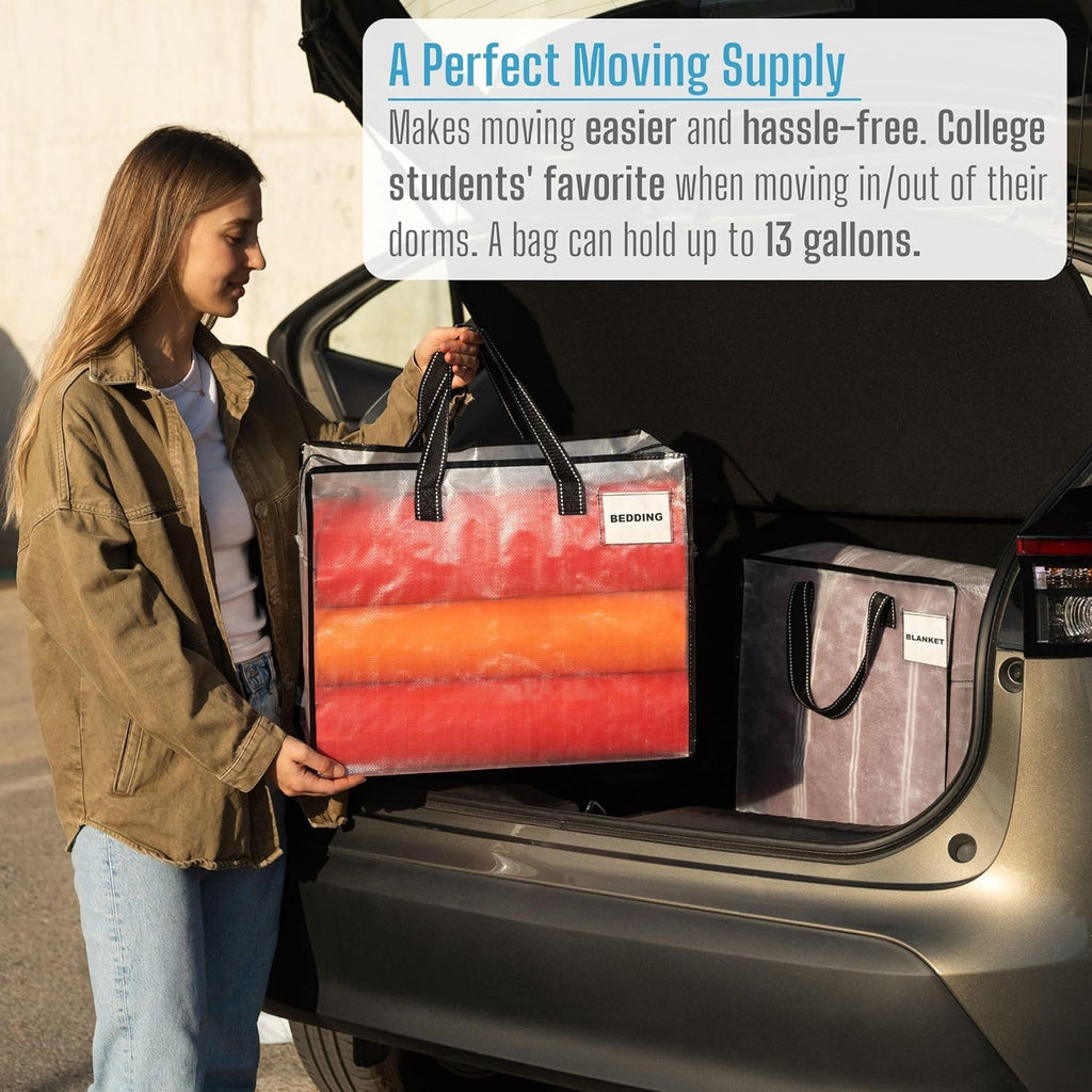 VENO Heavy Duty Moving Bags - 4 Pack Clear Storage Totes for Camping, Clothes & Bedding (13 Gallon)